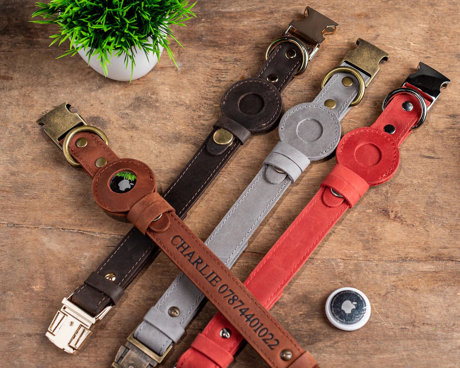 Luxury Personalized AirTag Dog Collar handcrafted from genuine Epsom cowhide leather
