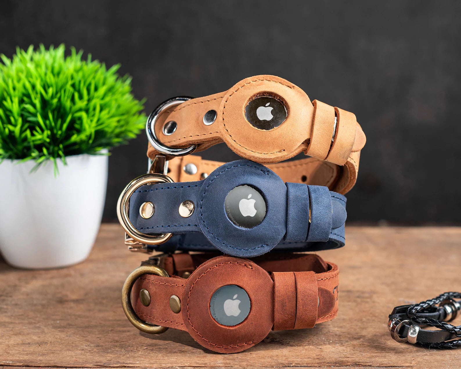 Luxury Personalized AirTag Dog Collar handcrafted from genuine Epsom cowhide leather